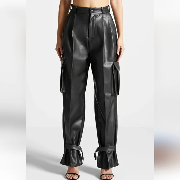 Maniere De Voir Leather Pleated Cargo Trousers in Black 12 Wide-Leg Avante Garde - Picture 2 of 9